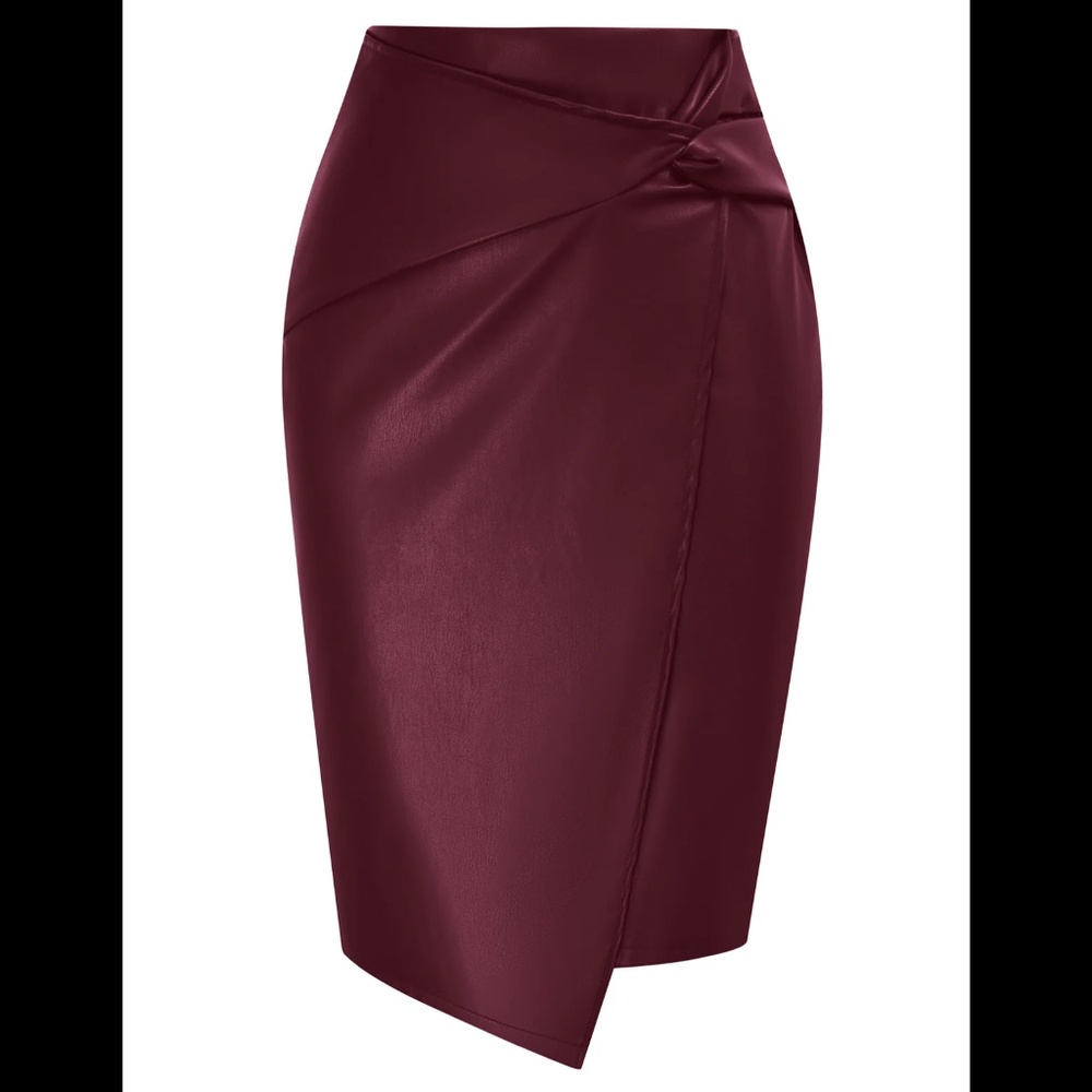 NWOT Women’s Faux Leather Knee Length Knot Front Wrapped Pencil Skirt - Picture 3 of 5